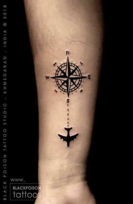 210+ Inspiring Aviation Tattoos Designs (2023) Airplane and Pilot - TattoosBoyGirl Travel Tattoo Ideas For Guys, Wanderlust Tattoo Men, Compass Small Tattoo, Travel Tattoo Men, Direction Tattoo, Aviation Tattoo, Nautical Compass Tattoo, Small Compass Tattoo, Plane Tattoo