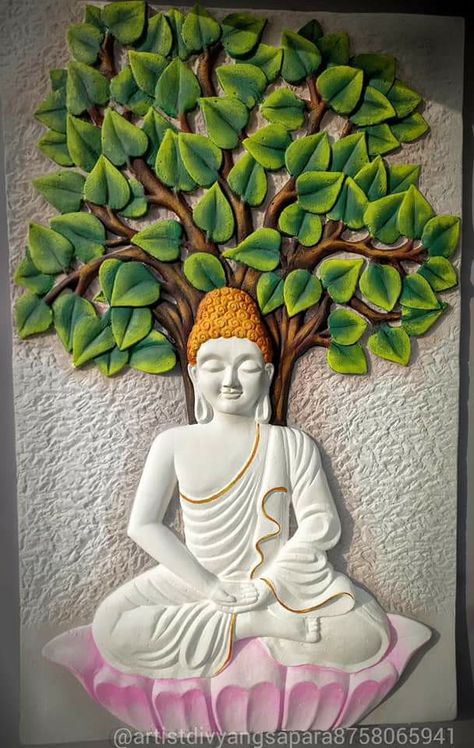 Budha Mural Clay Art, Budha Clay Art, Buddha Tiles For Wall, Relife Art Paintings, Buddha Murals Wall Art, Budha Painting Wallpaper, Buddha Painting On Wall, Buddha Lippan Art, Easy Fall Canvas Painting