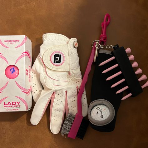 Ladies Golf Bundle Includes New In Box Bridgestone Lady Precept 3 Pack, Fj Pink/White Glove, Golf Cleaning Brush, Tee Holder Including 6 Pink Tees, Golf Ball Sleeve Holder To Have Your Top Three Balls Ready To Go While You’re Out On The Course! Golf Gloves Women, Womens Golf Clubs, Golfing Aesthetic, Golf Aesthetics, Golf Fits, Pink Tees, Golf Aesthetic, Womens Golf Wear, Cute Golf Outfit