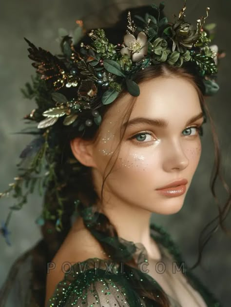 Forest Queen Makeup, Forest Fairy Crown, Enchanted Forest Makeup Ideas, Ethereal Look, Enchanted Forest Hairstyles, Forest Elf Makeup, Forest Fairy Hair, Nature Headpiece, Enchanted Forest Makeup