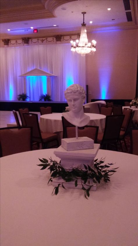 Greek Theme Décor Ideas Centerpiece Greek Themed Centerpieces, Mythology Prom Theme, Roman Prom Theme, Greek Mythology Centerpieces, Greek Mythology Themed Wedding, Greek Gods And Goddesses Prom, Greek Prom Theme, Greek Banquet, Greek Themed Party