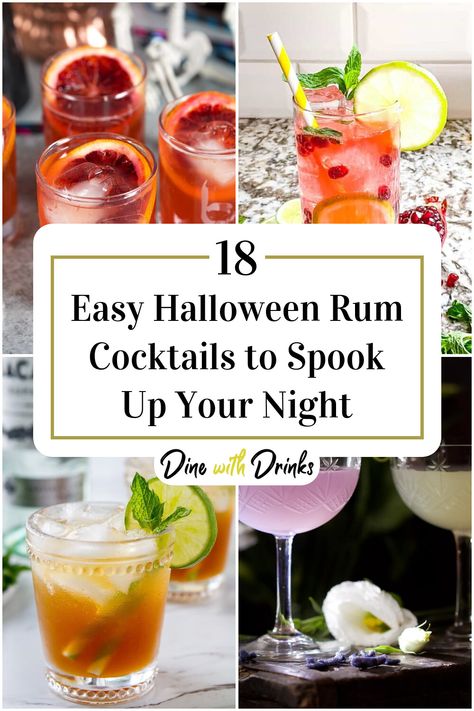 Collage of 4 easy halloween rum cocktails. Rum Drinks Easy, Spiced Rum Drinks, Easy Halloween Cocktails, Dark Rum Cocktails, Rum Mixed Drinks, Rum Cocktails Easy, Spiced Rum Cocktails, Halloween Themed Drinks, Halloween Recipes Drinks