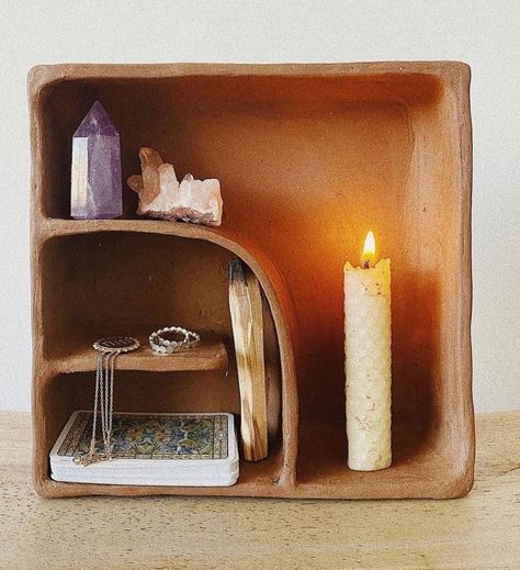 Pottery for All on Instagram: “Beautiful ceramic altar piece from @holistic.ceramics ♥️ Go check out their account and give them a follow! #paidfeature” Packaging Ideas For Pottery, Ceramic Wall Altar, Ceramic Altar Ideas, Meditating With Crystals, Clay Shelf, Ceramic Altar, Clay Furniture, Clay Lamp, Craft Sculpture