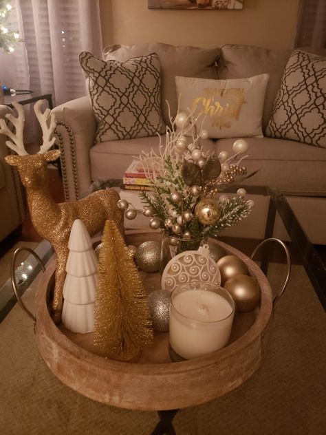 My decorations mainly is silver and gold with some white items! Half Moon Table Christmas Decor, Coffee Table Decor Winter, Christmas Centerpiece For Coffee Table, Christmas Round Dining Table Decor, Dinning Room Table Decor Centerpieces, Round Coffee Table Christmas Decor Ideas, Christmas Round Coffee Table Decor, Christmas Centerpieces For Coffee Table, Christmas Decor Ideas Coffee Table