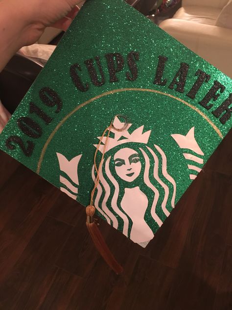 Grad Cap Sparkle, Coffee Graduation Cap, Starbucks Graduation Cap, Grad Cap Funny, Gcu Graduation, Graduation Man, High School Graduation Cap Designs, Diy Grad Cap, Disney Graduation Cap