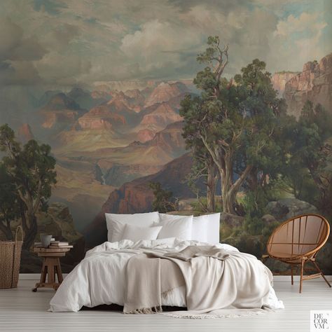 Wallpaper mural of The Grand Canyon of Arizona, Lithography landscape printed on wallpaper for a large wall decor. Bath wall art.  TRADITIONAL NON-PASTED - 180gm regular wallpaper. - Matte (smooth plaster finish). - It requires paste to install it. - Not removable. TRADITIONAL PRE-PASTED - 180gm regular wallpaper. - Matte (smooth plaster finish). - Pre-pasted back that activates with water. PEEL & STICK - 260gm self-adhesive polyester textile. - Matte finish with a slight weave texture. - It doe Dining Room Mural Ideas, Mural Behind Bed, Lake Bedroom, Sophisticated Wallpaper, French Impressionism, Scene Wallpaper, Colorado Landscape, Wallpaper For Wall, Wallpaper Walls Decor