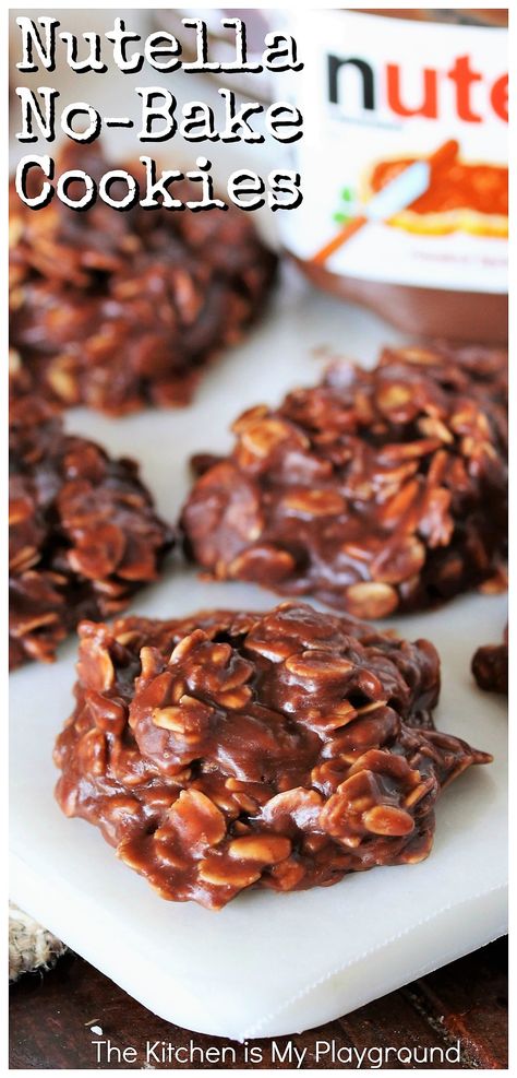 Nutella No-Bake Cookies ~ Classic no-bake cookies take on a tasty twist with the addition of Nutella hazelnut spread. These fudgy beauties are downright delicious!  www.thekitchenismyplayground.com Nutella No Bake Cookies, Nutella No Bake, Cookies Recipes Healthy, Chocolate Chip Cookies Recipes, The Kitchen Is My Playground, Amazing Cookie Recipes, Cookies Best, Quick Cookies, Favorite Christmas Recipes