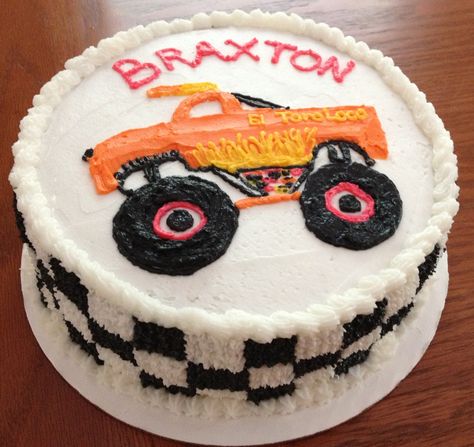 Monster truck, El Toro Loco, cake I made for my sons 5th birthday. Toro Loco Birthday Cake, El Toro Loco Cake, Toro Loco Cake, El Toro Loco Birthday Party, Toro Loco Birthday Party, Food Truck Desserts, Monster Truck Birthday Cake, Monster Jam Birthday Party, Bbq Food Truck