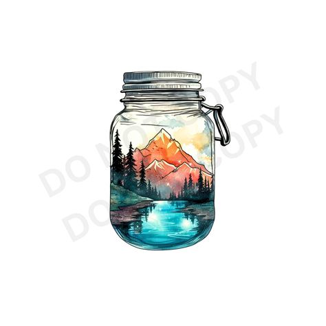 Space In A Jar Tattoo, Mason Jar Drawing, Mason Jar Tattoo, Mason Jar Hydrangea, Waterfall Tattoo, Mason Jar Art, Scene Tattoo, Cute Images With Quotes, Nature Stickers