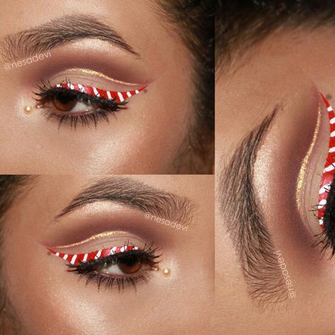 'Candy Cane Eye Liner' Insta : @nesadevi (Christmas Series #4) #stripes Cute Elf Makeup Looks Christmas, Ugly Sweater Makeup Ideas, Candy Cane Makeup Look, Simple Christmas Eyeliner, Christmas Tree Eyeliner, Candy Cane Makeup Ideas, Dress Like A Candy Cane Day At School, Candy Cane Hairstyle, Candy Cane Eye Makeup