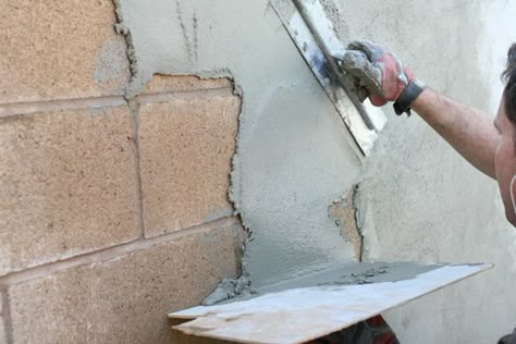 I'm looking to "stucco" the wall with a cement/stand mixture... technically it's parging, not stuccoing Diy Stucco Exterior, Diy Stucco, Stucco Repair, Fancy Home, Concrete Block Walls, Cinder Block Walls, Single Lady, Outdoor Remodel, Home Exterior Makeover