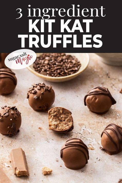 KitKat truffles - 3 ingredients, no bake and so easy to make. These simple condensed milk truffles taste of KitKat and are the perfect after dinner treat or gift. They’re even so easy the kids can make them. These truffles have the rich indulgent taste of Kit Kat bars. The truffle balls then have a milk chocolate coating (though you could certainly use dark). They’re so easy make, no baking required, only need 3 ingredients and they’re fun to put together too. Recipes Using Kit Kat Bars, Kit Kat Truffles, Kitkat Recipe Desserts, Kit Kat Recipes Desserts, How To Make Truffles Easy, Kitkat Dessert Recipes, Chocolate Truffle Recipes, Truffle Candy Recipes, Kit Kat Dessert Recipes