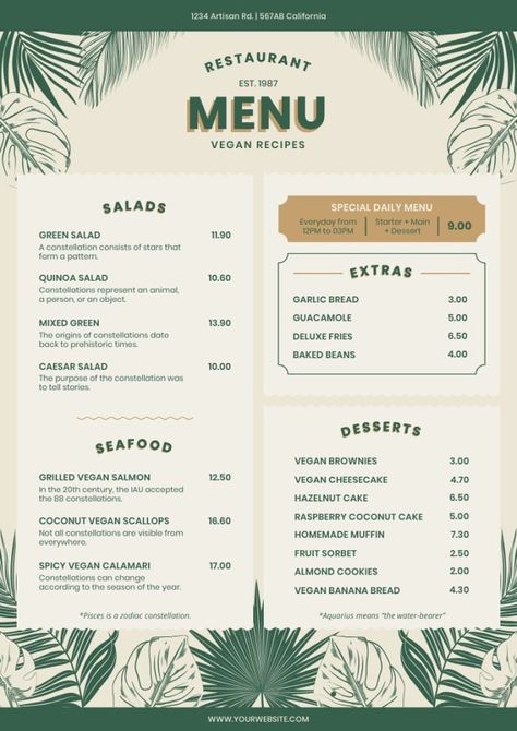 Retro Doodle Vegan Recipes Restaurant Menu Menu Engineering, Menu Design Layout, Cafe Menu Design, Recipes Restaurant, California Restaurants, Menu Layout, Bbq Menu, Food Menu Template, Menu Design Template