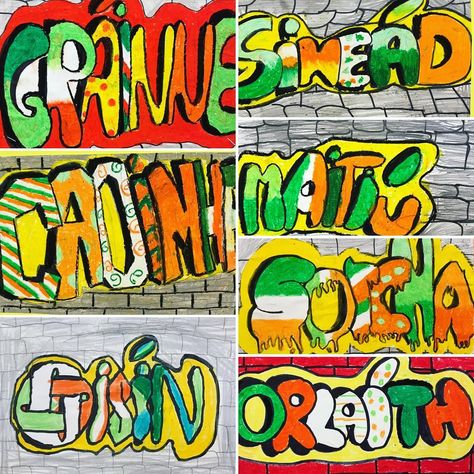 🇮🇪GRAFFITI STYLE🇮🇪 ➡️For Seachtain na Gaeilge themed art this week the children translated their names into Irish and wrote them out in… Seachtain Na Gaeilge Art, Seachtain Na Gaeilge, Graffiti Styles, St Patricks, Kids Crafts, St Patrick, St Patricks Day, Crafts For Kids, Graffiti