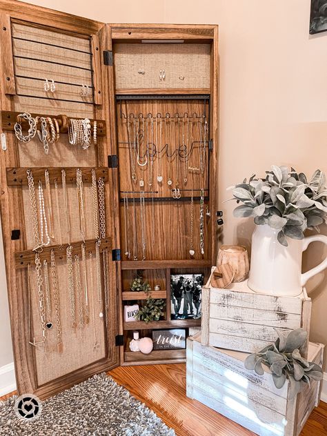 Wall Jewelry Cabinets, Farmhouse Jewelry Organizer, Mirrored Jewelry Cabinet, Diy Jewelry Mirror, Jewelry Mirror Cabinet, Diy Jewelry Cabinet, Mirror With Jewelry Storage, Armoire Cabinet, Interior Boho