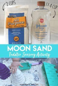 Moon sand is the perfect sensory activity for toddlers! Simply mix 1/4 cup baby oil for every 2 cups of flour! Perfect outdoor activity for kids of any age! #craftideasfortoddlers Vetenskapliga Experiment, Sands Recipe, Outdoor Activities For Toddlers, Moon Sand, Sensory Activities Toddlers, Sensory Activity, Toddler Sensory, Pack N Play, Toddler Snacks