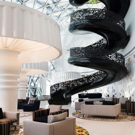 Mondrian Doha an iconic interior by Marcel Wanders for SBE, 2017. www.marcelwanders.com #design #interiordesign #productdesign #marcelwandersinteriors #mondriandoha #doha #qatar #travel #designhotel #staircase #stairway Piscina Interior, Marcel Wanders, Hotel Interior Design, Hotel Project, Pool Bar, Top Interior Designers, Udaipur, Staircase Design, Best Interior Design