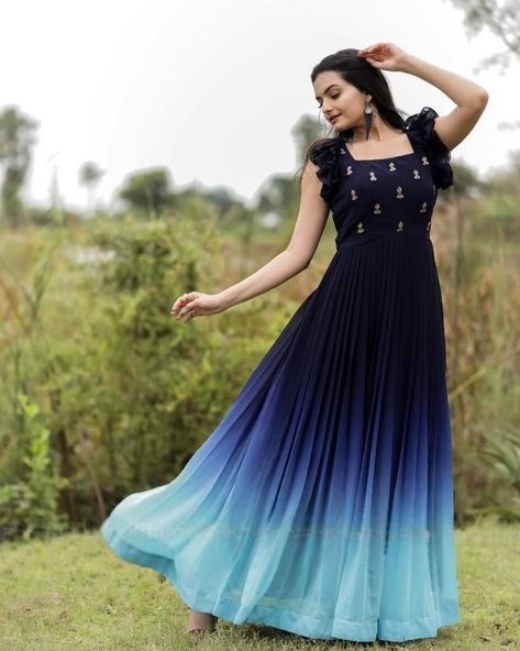 Blue Frocks For Women, Gown For Engagement, Blue Kurti, Simple Frock, Shoot Video, Blue Blouse Designs, Simple Frock Design, Krishna Gif, Georgette Gown