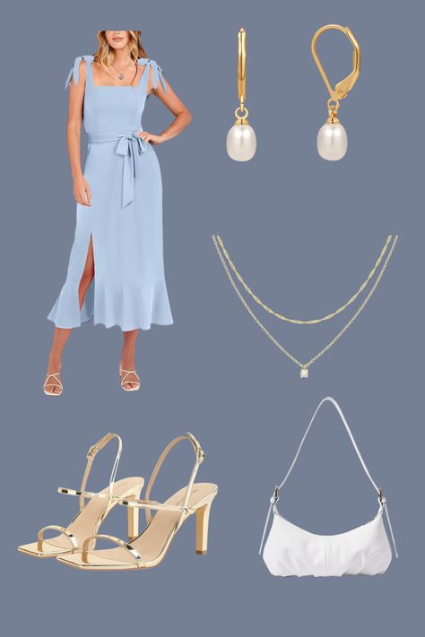 Blue flowy dress, gold heels, wedding guest outfit, white bag, dainty earrings, dainty necklace, feminine Outfit, Date Outfit White Bag Outfit, Baby Blue Outfit, Outfit Feminine, Blue Flowy Dress, Light Yellow Dresses, Navy Blue Earrings, Outfit Date, Outfit Links, Girly Outfit