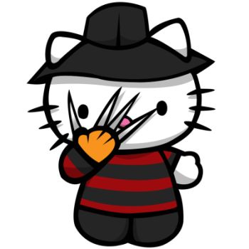 Hello Kitty Halloween Characters, Hello Kitty Freddy Krueger, Hello Kitty Horror Wallpaper, Freddy Krueger Hello Kitty, Hello Kitty As Horror Movies, Hello Kitty Horror Characters, Horror Character Drawings, Hello Kitty Scary, Hello Kitty Ghostface