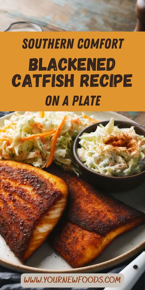 This Blackened Catfish Recipe offers a taste of the South with its smoky, spicy flavors and a crispy crust. Perfectly paired with creamy coleslaw, this dish is a must-try for a quick, satisfying meal. Whether it's a weeknight dinner or a special occasion, it delivers bold flavors every time. #SouthernCuisine #QuickMeals Channel Catfish Recipe, Easy Baked Catfish Recipes Oven, Baked Blackened Catfish, Blue Catfish Recipes, Stuffed Fried Catfish Recipes, Blackened Catfish Recipes Baked, Best Catfish Recipe, Catfish Filets Recipes, Catfish Opelousas Recipe