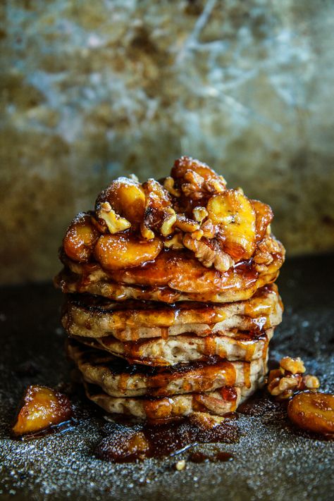 Banana Bread Griddle Cakes with Caramelized Bananas Walnut Caramel, Banana Bread Pancakes, Bread Pancakes, Caramelized Banana, Griddle Cakes, Caramelized Bananas, Ultimate Breakfast, Banana Walnut, Vegan And Gluten Free