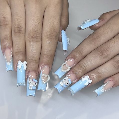 ig: _grabbersbydrea Nail Ideas Acrylic Light Blue, Light Blue Medium Nails, Light Blue Nails With Charms, Baby Blue Acrylic Nails Square, Light Blue Acrylic Nail Ideas, Boy Baby Shower Nail Ideas, Blue Nail Sets, Blue Nails Design Ideas, Blue Hello Kitty Nails