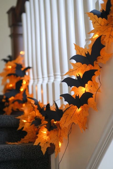 Halloween Stair Rail Decor, Halloween Decorations Garland, Halloween Garland For Stairs, Simple Indoor Halloween Decor, Halloween Hanging Decor, Diy Halloween Garland Indoor, Halloween Decorations Indoor Ceiling, Halloween Banister Decor, Halloween Wall Decor Diy