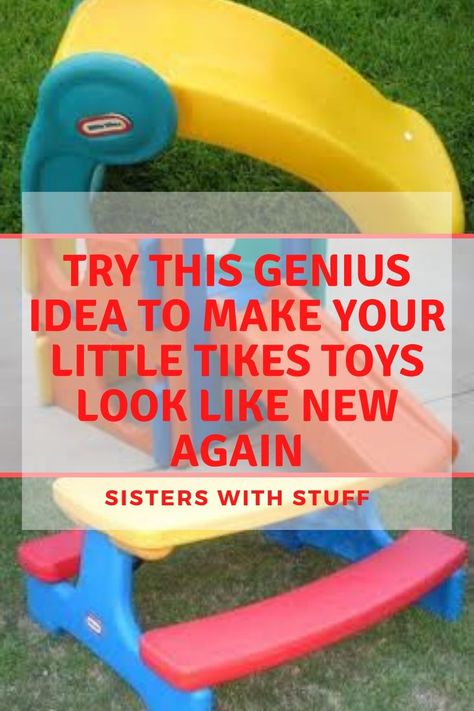 If you've got a Little Tikes Climber or Outdoor Toy that needs some TLC, try this genius idea to make them look like new again. #frugal #frugallife #budgetfriendly #frugalliving #moneysaving #savingmoney #moneysavingtips #frugal #budget Diy Little Tikes Car Makeover, Little Tikes Makeover, Diy Outdoor Toys, Tikes Toys, Outdoor Toy Storage, Bookshelf Makeover, Toddler Outdoor, Cleaning Toys, Outdoor Toys For Kids