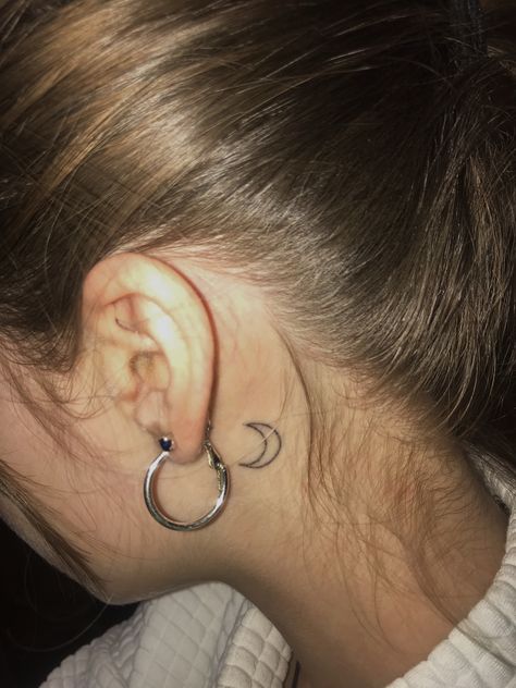 Half Moon Tattoo Behind Ear, Crescent Moon Tattoo Behind Ear, Moon Tattoo Behind Ear, Half Moon Tattoo, Tattoo Behind Ear, Wrist Tattoo Designs, Anatomical Heart Tattoo, Ear Tattoo Ideas, Crescent Moon Tattoo