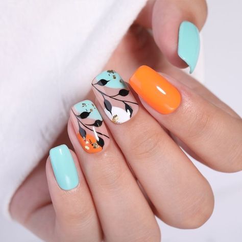 Orange And Teal Nails, Girls Nail Designs, Teal Nails, Nails Art Designs, Spring Acrylic Nails, Hippie Nails, Trendy Nail Art Designs, Pretty Nail Designs, Cute Gel Nails