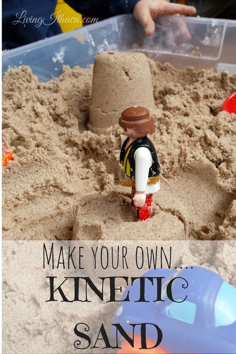 This DIY recipe for Kinetic Sand only takes 3 ingredients, and costs about a third of what commercial brands of Kinetic Sand retails for.  Kids love sensory play like this, and will occupy them for hours.  See how to make your own Kinetic Sand here!  LivingIthaca.com: Make Kinetic Sand, Kids Baking, Diy Recipe, Kinetic Sand, E Mc2, Toddler Fun, Sensory Bins, Sensory Activities, Craft Activities For Kids