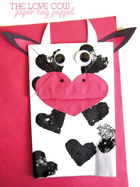 Do you know what animal doesn’t get enough attention on Valentine’s Day? Cows. They’re such funny creatures, too, big and bulky and slow, leisurely going about their day eating grass. I grew up with a herd of cows not very far from my house. Every once in awhile, one would make it’s way from the … Diy Valentine's Crafts, Cow Craft, Funny Creatures, Cow Stuff, Paper Bag Crafts, Valentine's Day Crafts For Kids, Bag Craft, Crafts And Activities For Kids, Animal Crafts For Kids