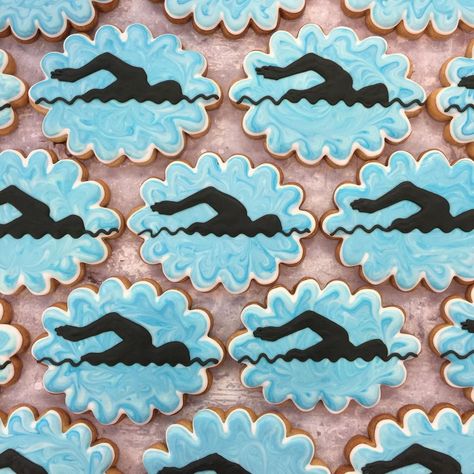 Swimming Cookies Decorated, Swim Team Cookies, Swim Cookies, Farewell Cookies, Swim Team Party, Retirement Cookies, Bake Ideas, Sports Cookies, Iced Biscuits