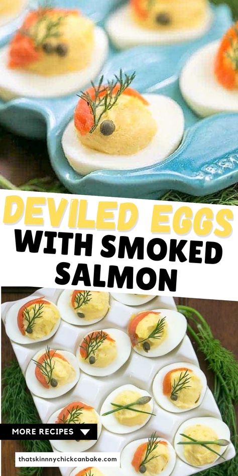 Smoked Salmon Deviled Eggs - These simple deviled eggs are garnished with smoke salmon and capers to make them elegant and gourmet without a lot of work!! Simple Deviled Eggs, Smoked Salmon Deviled Eggs, Gourmet Deviled Eggs, Salmon Deviled Eggs, Angel Eggs, Salmon Capers, Green Olive Tapenade, Devilled Eggs, Eggs Recipes