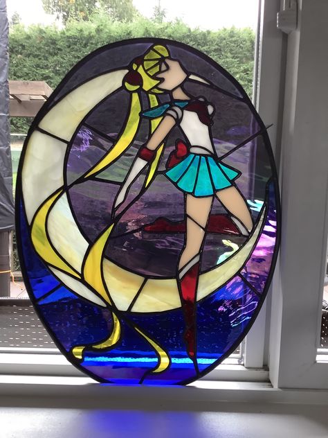 Stained Glass Sailor Moon, Sailor Moon Stained Glass Art, Nerdy Stained Glass Art, Ghibli Stained Glass Art, Anime Stained Glass Art, Stained Glass Anime, Glass Fusing Projects For Beginners, Disney Stained Glass, Art Assignments