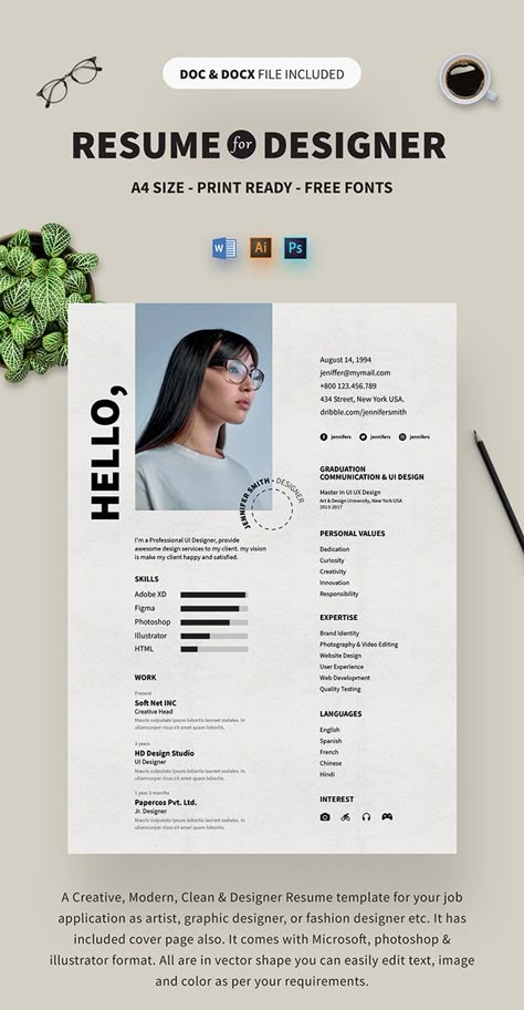 Resume Design With Photo, Resume Template Graphic Design, Graphic Designers Resume, Resume With Photo, Cv Design Graphic Designer, Resume Photo Ideas, Cv Photo Ideas, Designer Resume Design, Cv Illustrator