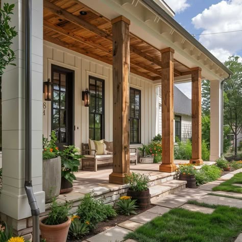 9+ Minimalist Front Porch Columns Ideas for a Clean Design • 333k+ Inspiring Lifestyle Ideas & Images Side Entry Garage Landscaping, Modern Farmhouse Front Landscaping, Front Porch Column Ideas, Raised Porch, Minimalist Front Porch, Columns Ideas, House With Front Porch, Front Porch Pergola, Grass Landscaping