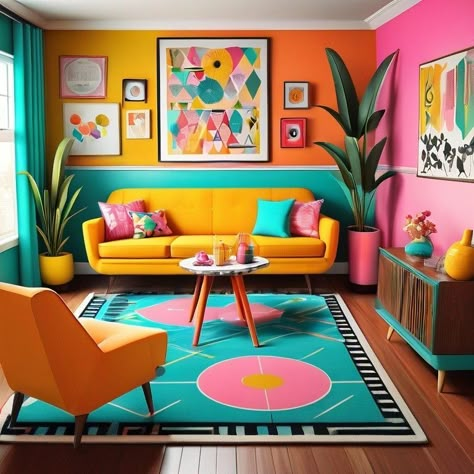 Room With Different Colored Walls, Retro Accent Wall Paint, Bright Color Palette For Home, Bright Colorful Interior Design, Quirky Furniture Living Room, Kitchy Living Room, Maximist Decor Living Room, Pop Art Office Interior Design, Modern Hippie Living Room