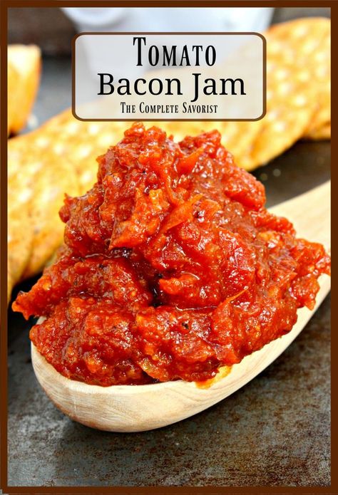 Tomato Bacon Jam is tangy and sweet, and oh so bacon-y, a jam unlike any jam you’ve ever had. Great with cheese, crackers, or basically eating right out of the jar. #jam #tomatojam #baconjam #tomatobaconjam #bacon #tomatoes #homemadejam #savoryjam #glutenfree Tomato Bacon Jam, Bacon Tomato Jam, Bacon Onion Jam, Salad Garden, Bacon Jam Recipe, Tomato Jam Recipe, Savory Jam, Work Recipes, Tomato Recipe