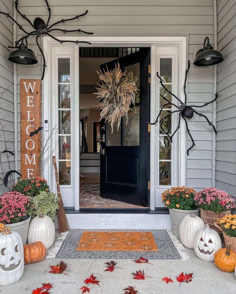 Is your home good to go for Halloween this year or are you still missing some last-minute decorations and prompts? 🕷️🎃⁠ ⁠ 📸@peoniesandtwine Fall Entryway Decor, Entrance Mats, Coconut Husk, Fall Entryway, Halloween Front Porch Decor, Rich Aesthetic, Cozy Fall Decor, Fall Front Porch Decor, Halloween Front Porch