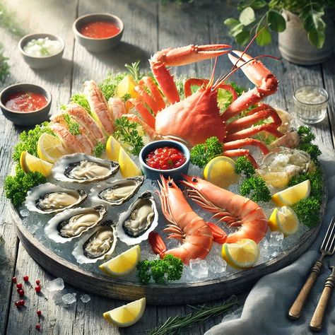 For an impressive seafood platter, arrange a variety of shellfish like shrimp, oysters, and crab legs on a bed of ice. Serve with lemon wedges, cocktail sauce, and a light vinaigrette. This platter is perfect for special occasions or gatherings. 📸 Show us your seafood platter presentation! Seafood Platter Presentation, Seafood On Ice, Platter Presentation, Seafood Platter, Cocktail Sauce, Crab Legs, Lemon Wedge, Show Us, Crab