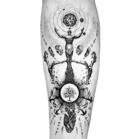 Mindset Tattoo Ideas Men, Tattoos Nobody Has, Mr Nobody Tattoo, Dimensional Tattoos, Spiritual Sleeve Tattoo Men, Spiritual Leg Sleeve Tattoo, Universal Tattoo, Tattoo Inspiration Men Forearm, Everything Tattoo