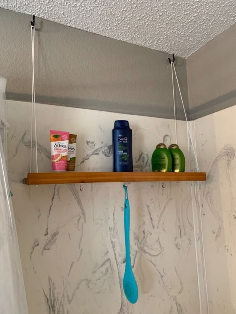 Stand Up Shower Shelf Ideas, Cute Shower Storage, Diy Shower Shelves Ideas, Shower Shelves Ideas Wood, Tiny Shower Storage, Shower Stall Organization Ideas, Over Shower Storage, Shower Space Ideas, Small Shower Hacks