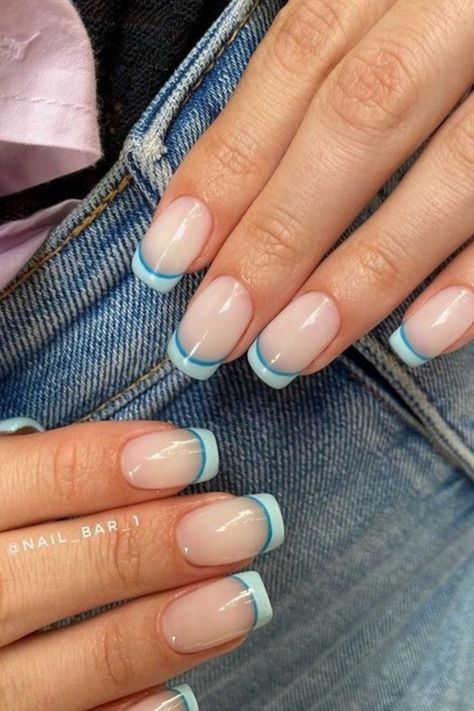 Two Toned French Manicure, French Nails With Color Line, Beachy French Tip Nails, French Tip Nails With Line Under, 2 Tone French Tip Nails, Double Line French Tip Nails, Two Tone French Tip Nails, Double French Tip Nails, Dc Nails