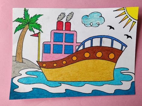 Ship 🚢 on the shore drawing Ship Paintings Simple, Beach Drawing For Kids, Ship Drawing For Kids, Shore Drawing, Cartoon Drawing For Kids, معرض فني, Pencil Drawings For Beginners, Easy Art For Kids