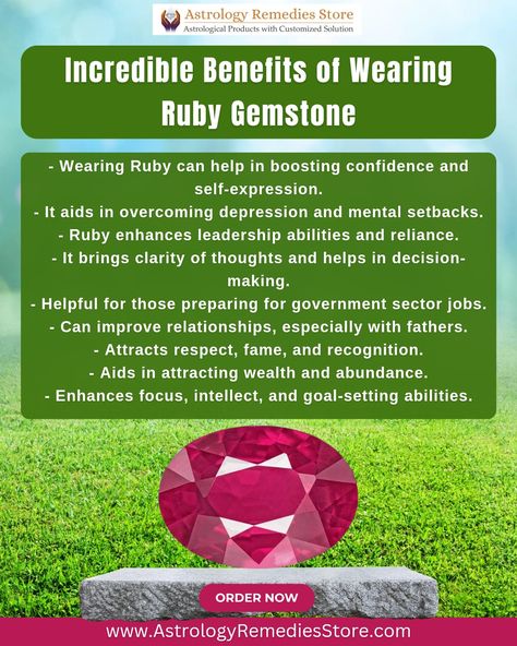 Incredible Benefits of Wearing Ruby Gemstone:  - Ruby has been historically worn by kings and high authorities, symbolizing status, prosperity, and gains.  - In Vedic Astrology, it is associated with the Sun and is recommended for individuals with weak or afflicted Suns in their Kundali. - Wearing Ruby enhances leadership abilities and reliance, as the Sun represents the soul and ability to lead.  #Rubygemstone #Manik #AstrologyRemediesStore #Gemstone #NaturalGemstone #Gems #AstrologyRemedies Diamond Meaning, Leadership Abilities, Astrology Remedy, July Birthstone Jewelry, How To Improve Relationship, Vedic Astrology, Attract Wealth, July Birthstone, Confidence Boost