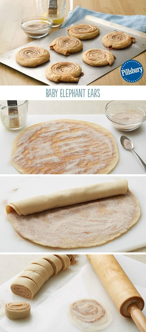 4 ingredients and you have yourself a treat that's yummy to eat! This Baby Elephant Ears recipe brings back memories that you can pass on to your children. The best part? Your kitchen will smell AMAZING afterwards. Elephant Party Ideas, Elephant Ears Recipe, Baby Elephant Ears, Pillsbury Recipes, Elephant Party, Baby Elephants, Elephant Ears, Smell Amazing, Fair Food Recipes