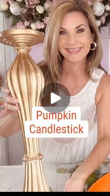 Olivia Parazine on Instagram: "Transform your fall decor with this easy DIY pumpkin candlestick that adds a cozy touch to any space! 🎃🕯️✨ #DIYDecor #FallVibes #falldecor #hobbylobby #fall #fallcrafts #oliviasromantichome #diy #pumpkin #pumpkincraft #pumpkincandle" Pumpkin On A Candle Stick, Diy Pumpkin Stacks, Pumpkins On Candlesticks, Porch Pumpkin Decorating Ideas, Diy Fall Tree Decor, Pumpkin Display Ideas, Fall Candlestick Decor, Fall Decor Ideas For The Home Diy, Plastic Pumpkins Makeover