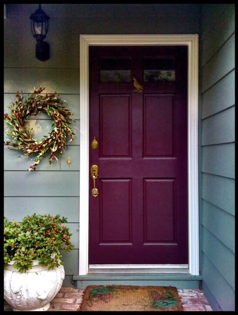 Door painted a different color and wreath beside it. Description from pinterest.com. I searched for this on bing.com/images Painted Front Door Grey House, Funky Front Door Colors, Burgundy Doors On Houses, Plum Shutters, Aubergine Front Door, Burgundy Exterior House Colors, Burgundy House Exterior, Burgundy Front Door, Burgundy Door